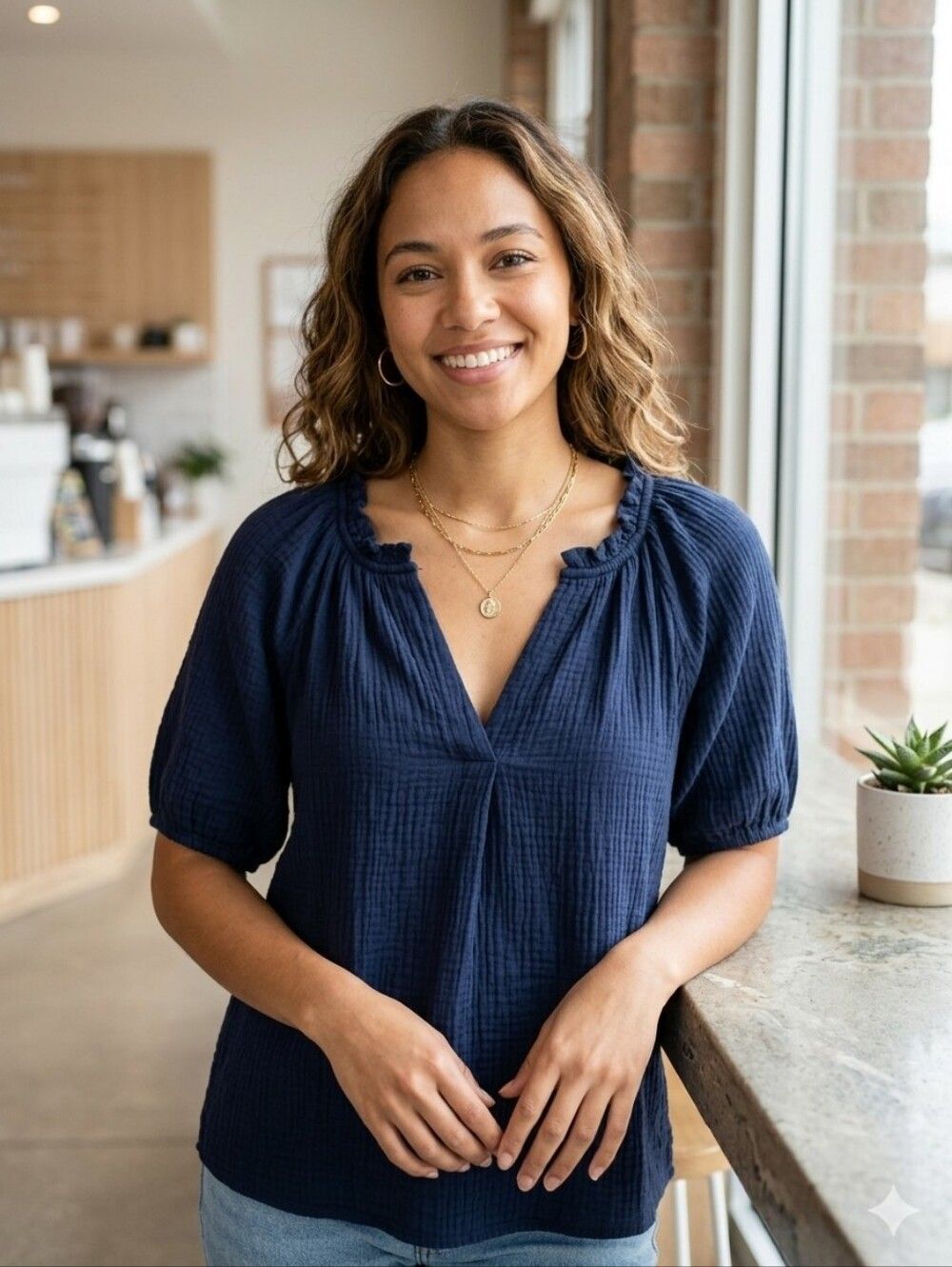 {ee:some Los Angeles} Navy Peasant Blouse - Women's Top - Size SMALL